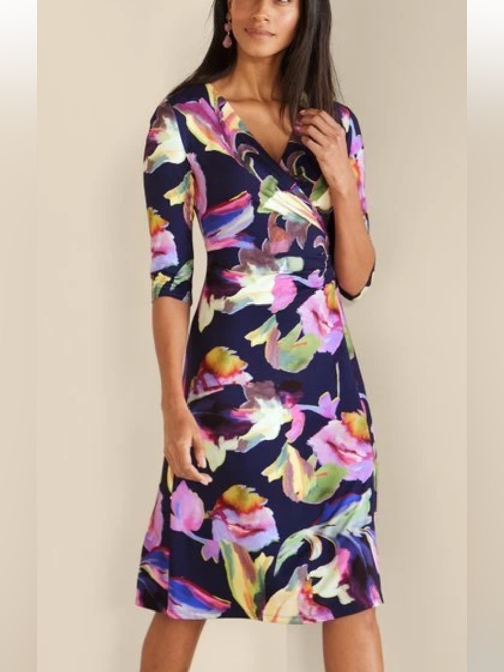 Soft Surroundings Hyannis Faix Wrap Floral Navy Blue Midi Dress Elbow Sleeve, LG